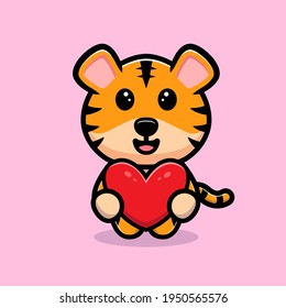 Cute tiger holding heart cartoon mascot
