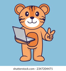 Cute tiger holding laptop. Animal cartoon concept isolated. Can used for t-shirt, greeting card, invitation card or mascot.
