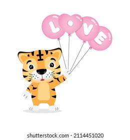 Cute tiger holding Love Balloon  for Valentine's Day.