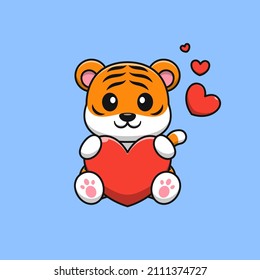 Cute tiger holding love. Flat cartoon illustration