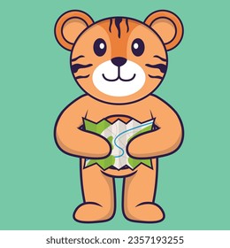 Cute tiger holding a map. Animal cartoon concept isolated. Can used for t-shirt, greeting card, invitation card or mascot