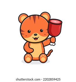Cute tiger holding meat cartoon icon logo illustration. Design isolated flat cartoon style