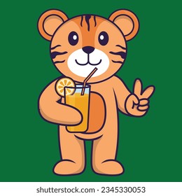 Cute tiger holding orange juice in glass. Animal cartoon concept isolated. Can used for t-shirt, greeting card, invitation card or mascot