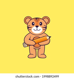 Cute tiger holding a pencil. Animal cartoon concept isolated. Can used for t-shirt, greeting card, invitation card or mascot.