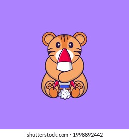 Cute tiger holding a rocket. Animal cartoon concept isolated. Can used for t-shirt, greeting card, invitation card or mascot.