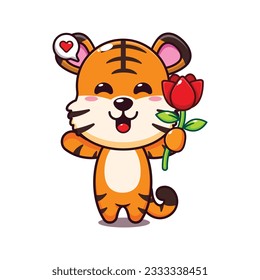 cute tiger holding rose flower cartoon vector illustration.