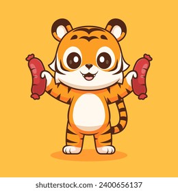 Cute Tiger Holding Sausage Cartoon Vector Icon Illustration.
Animal Food Icon Concept Isolated Premium Vector. Flat
Cartoon Style