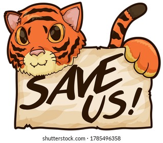 Cute tiger holding a scroll with its furry paw with the claim 'save us', promoting conservation efforts to stop its extinction.