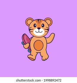 Cute tiger holding a skateboard. Animal cartoon concept isolated. Can used for t-shirt, greeting card, invitation card or mascot.