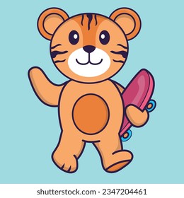 Cute tiger holding a skateboard. Animal cartoon concept isolated. Can used for t-shirt, greeting card, invitation card or mascot