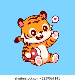 Cute Tiger Holding Steak Meat Cartoon Vector Icon Illustration. Animal Food Icon Concept Isolated Premium Vector. Flat Cartoon Style