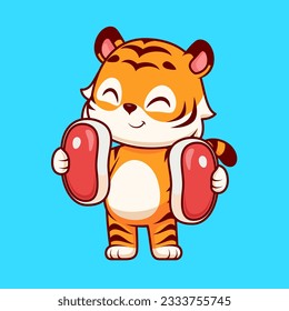 Cute Tiger Holding Steak Meat Beef Cartoon Vector Icon Illustration. Animal Food Icon Concept Isolated Premium Vector. Flat Cartoon Style