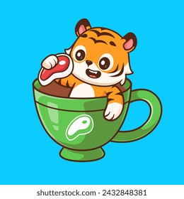 Cute Tiger Holding Steak Meat In Coffee Cartoon Vector Icon Illustration. Animal Drink Icon Concept Isolated Premium Vector. Flat Cartoon Style