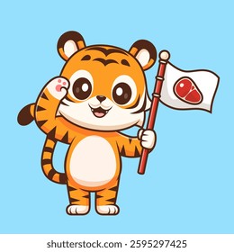 Cute Tiger Holding Steak Meat Flag Cartoon Vector Icon Illustration. Animal Food Icon Concept Isolated Premium Vector. Flat Cartoon Style