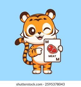 Cute Tiger Holding Steak Meat Card Game Cartoon Vector Icon Illustration. Animal Holiday Icon Concept Isolated Premium Vector. Flat Cartoon Style