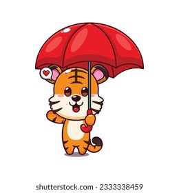 cute tiger holding umbrella cartoon vector illustration.