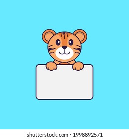 Cute tiger holding whiteboard. Animal cartoon concept isolated. Can used for t-shirt, greeting card, invitation card or mascot.