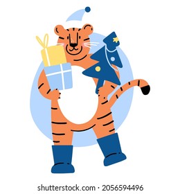 A cute tiger holds gifts and a Christmas tree. New Year. Flat vector illustration