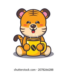 Cute tiger with hot coffee. Cute animal cartoon illustration.