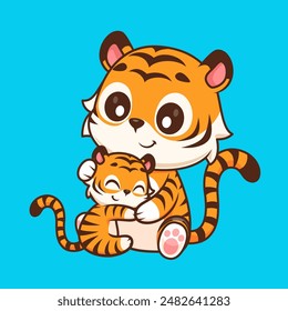 Cute Tiger Hug Baby Tiger Cartoon Vector Icon Illustration. Animal Nature Icon Concept Isolated Premium Vector. Flat Cartoon Style