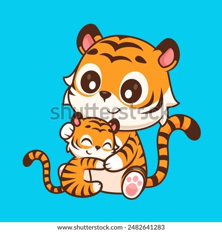 Cute Tiger Hug Baby Tiger Cartoon Vector Icon Illustration. Animal Nature Icon Concept Isolated Premium Vector. Flat Cartoon Style