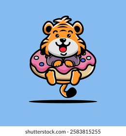 Cute tiger hug big doughnut cartoon