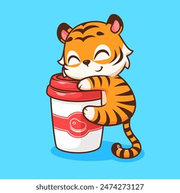 Cute Tiger Hug Coffee Cup Cartoon Vector Icon Illustration. Animal Drink Icon Concept Isolated Premium Vector. Flat Cartoon Style