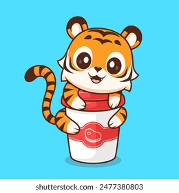 Cute Tiger Hug Coffee Cup Cartoon Vector Icon Illustration. Animal Drink Icon Concept Isolated Premium Vector. Flat Cartoon Style