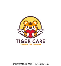 Cute Tiger Hugging Heart Care Logo Mascot Baby Shop