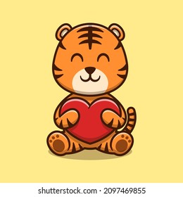 Cute tiger hugging love heart cartoon icon illustration. Animal nature icon concept isolated premium vector. Flat cartoon style