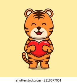 Cute tiger hugging love heart cartoon icon illustration. Animal nature icon concept isolated premium vector. Flat cartoon style