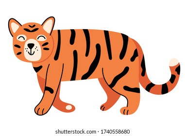 Cute tiger  illustration isolated on white background.Simple Illustration for children's book. African animal in cartoon style. Perfect for greetings, cards, posters, congratulations  or store. 