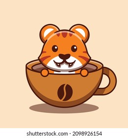 Cute tiger inside a cup of coffee vector cartoon illustration. Flat cartoon style. Isolated cute tiger. Suitable for stickers, web landing pages and more.