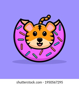 Cute tiger inside donut cartoon mascot