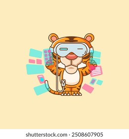 Tigre bonito interagir óculos de realidade virtual vr kawaii chibi personagem mascote ilustração esboço estilo design 