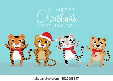 Cute tiger, jaguar and cheetah in Christmas costume vector collection. Animal wildlife holidays cartoon character set.