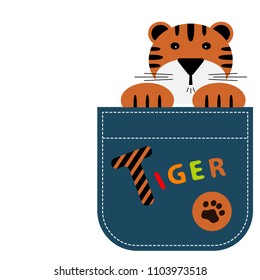 Cute tiger in jeans pocket. Design for kid clothes