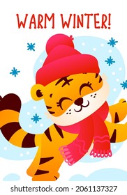 Cute tiger joyfully jumping into the snow, funny character symbol Happy New Year, illustration card, poster, banner, flyer. Vector art