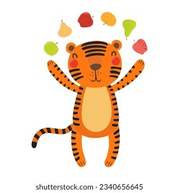 Dibujo de personajes de manzanas y peras con malabares tigres. Animales dibujados a mano, diseño plano al estilo escandinavo, vector aislado. Otoño infantil, impresión de caída, elemento, actividad estacional