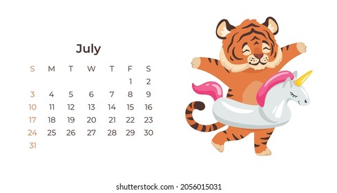 Plantilla horizontal de calendario tigre mate julio de 2020. Tigre gracioso y adorable en círculo inflable aislado en fondo blanco. Afiche en el muro, página del calendario y personaje de caricatura kawaii. Diseño del planificador mensual