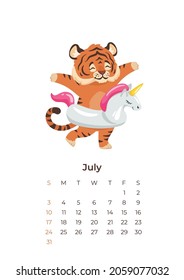 Cute tiger July 2022 calendar A4 format template. Adorable funny tiger in inflatable circle isolated on white background. Wall poster, calendar page and kawaii cartoon character. Month planner design