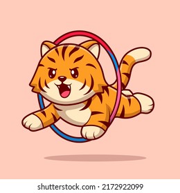 Cute Tiger Jump In Hoola Hoop Cartoon Vector Icon Illustration. Animal Nature Icon Concept Isolated Premium Vector. Flat Cartoon Style