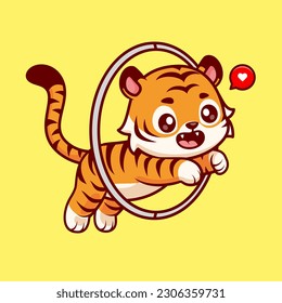 Cute Tiger Jump In Ring Circus Cartoon Vector Icon Illustration. Animal Holiday Icon Concept Isolated Premium Vector. Flat Cartoon Style