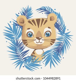 Cute tiger in the jungle cartoon hand drawn vector illustration. Can be used for t-shirt print, kids wear fashion design, baby shower invitation card.