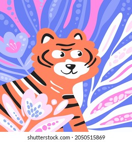 Tigre lindo en selvas, ilustración de vector dibujada a mano.
