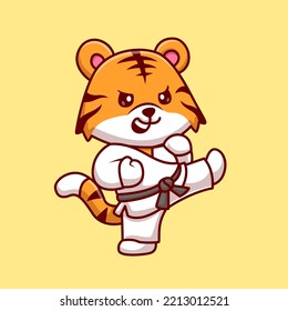 Ilustración del icono del vector de dibujos animados Cute Tiger Karate. Vector Premium Aislado De Icono De Deportes Animales. Estilo de dibujo plano