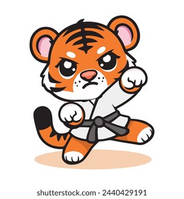 Cute Tiger Karate Cartoon Vector Icon Illustration. Animal Sport Icon Concept Isolated Premium Vector. Flat Cartoon Style