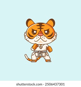 Cute tiger Karate training martial art kawaii chibi character mascot animal sport illustration outline design Icon 