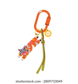 Cute tiger keychain vector illustration with carabiner, charm and cord. Adorable backpack accessory for school bags, keys, pencil cases, purses, planners and everyday personal items.