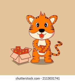 Cute Tiger Kid smiles and holds angpao. 